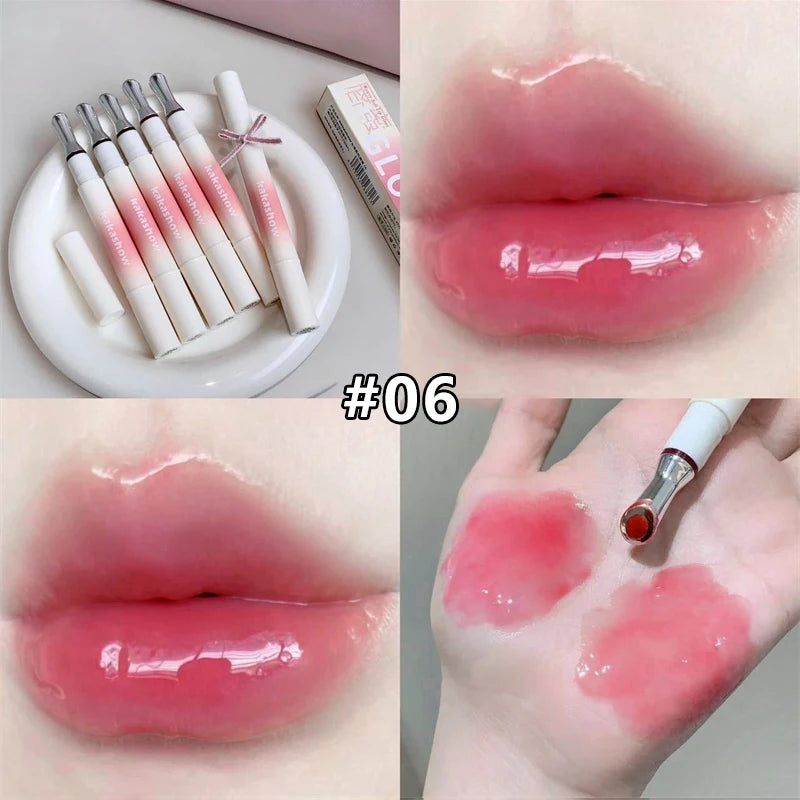 Mirror Watery Lip Gloss Iron Brush Head Transparent Jelly Hydrating Plump Lip Tint Nature Nude Shiny Lips Makeup Cosmetics