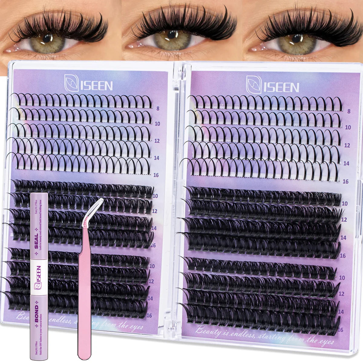 Lashes Clusters Mixed Styles Volume Wispy Individual Lashes Extensions Kit DIY Eyelashes Makeup with Bond&Seal Tweezer