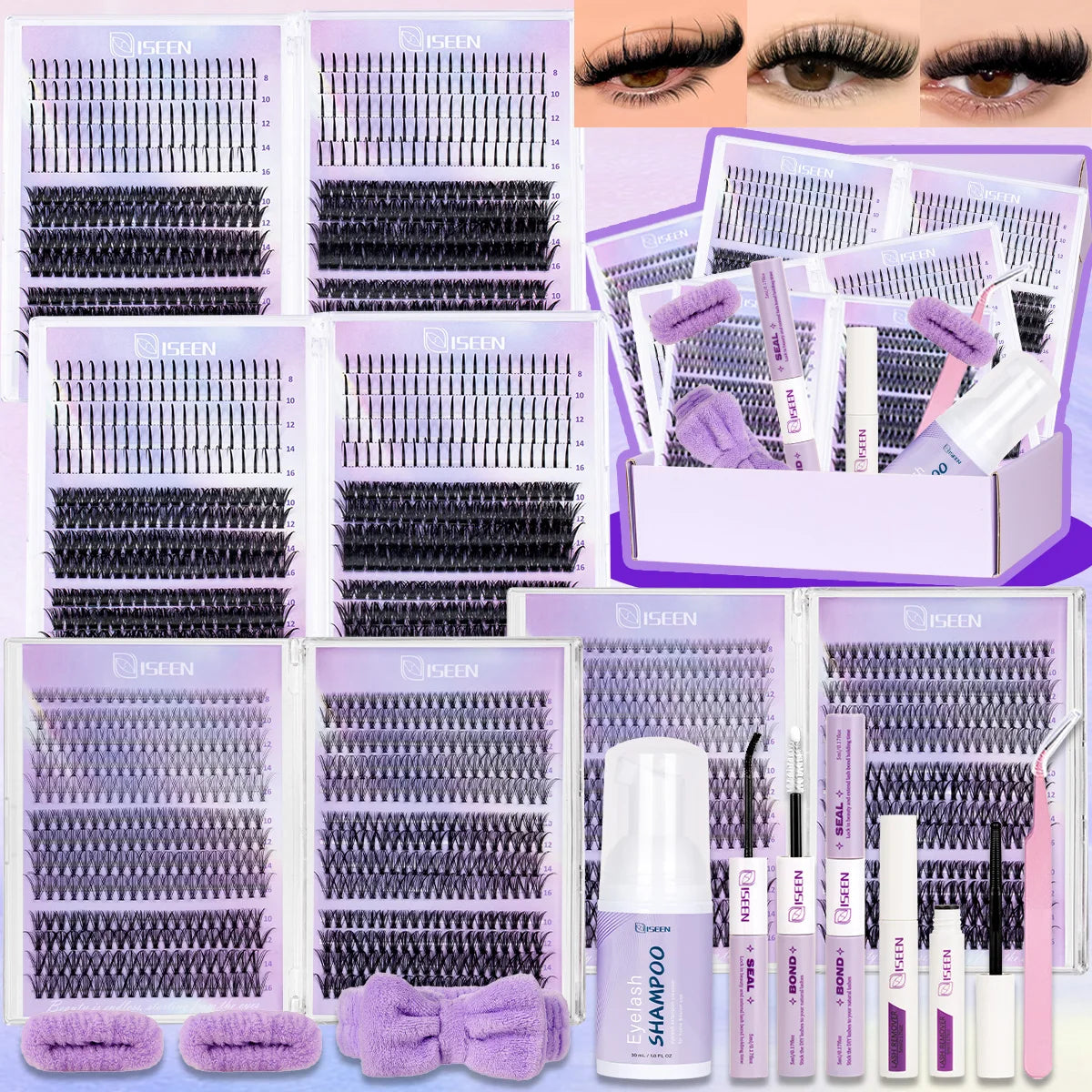 Lashes Clusters Mixed Styles Volume Wispy Individual Lashes Extensions Kit DIY Eyelashes Makeup with Bond&Seal Tweezer