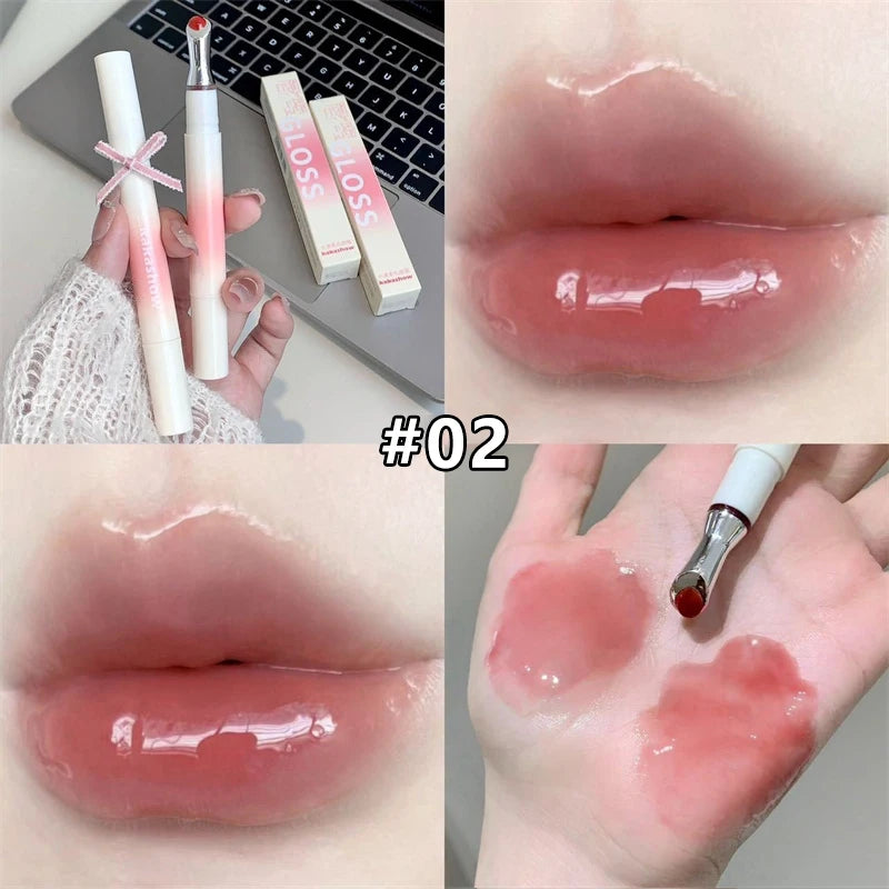 Mirror Watery Lip Gloss Iron Brush Head Transparent Jelly Hydrating Plump Lip Tint Nature Nude Shiny Lips Makeup Cosmetics