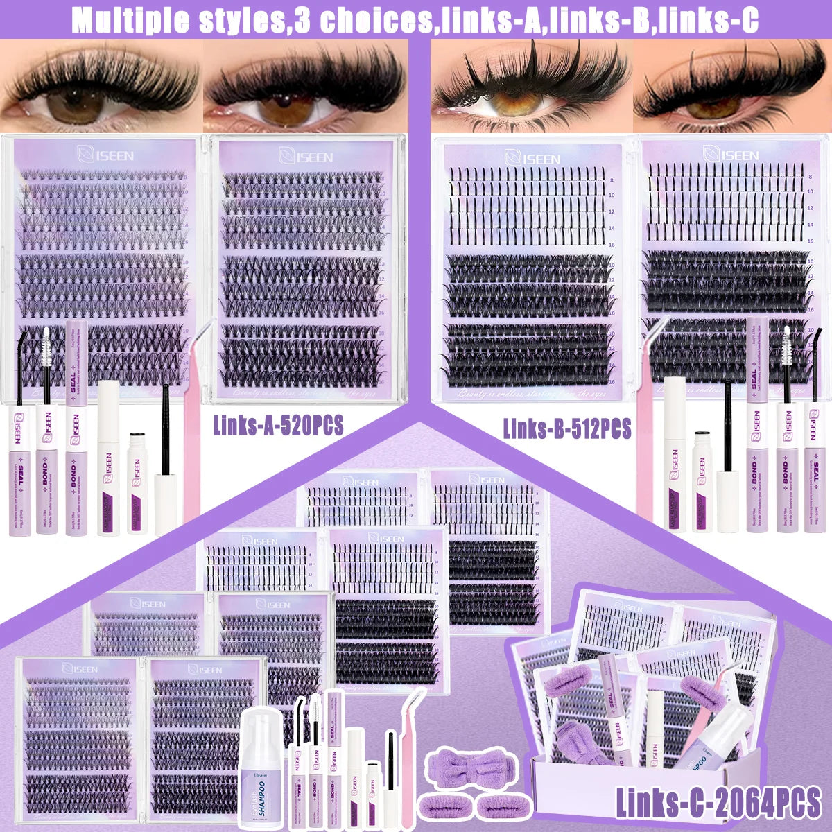 Lashes Clusters Mixed Styles Volume Wispy Individual Lashes Extensions Kit DIY Eyelashes Makeup with Bond&Seal Tweezer