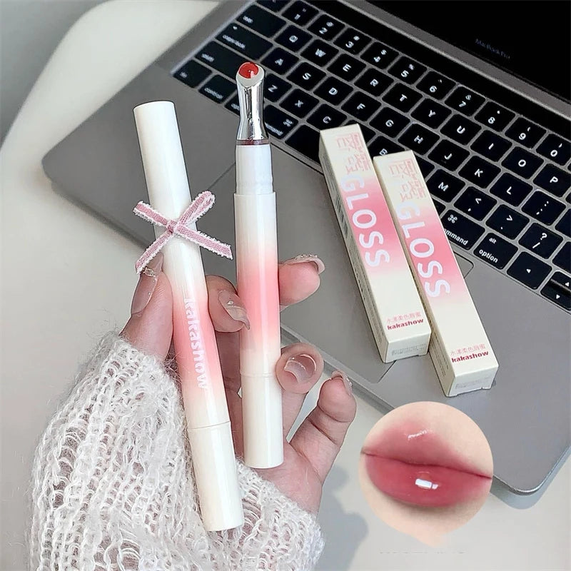 Mirror Watery Lip Gloss Iron Brush Head Transparent Jelly Hydrating Plump Lip Tint Nature Nude Shiny Lips Makeup Cosmetics