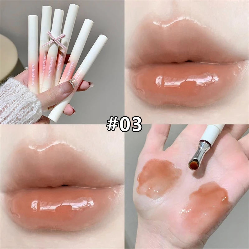 Mirror Watery Lip Gloss Iron Brush Head Transparent Jelly Hydrating Plump Lip Tint Nature Nude Shiny Lips Makeup Cosmetics