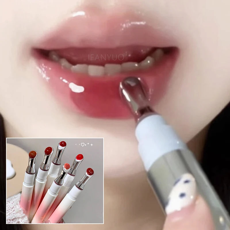 Mirror Watery Lip Gloss Iron Brush Head Transparent Jelly Hydrating Plump Lip Tint Nature Nude Shiny Lips Makeup Cosmetics