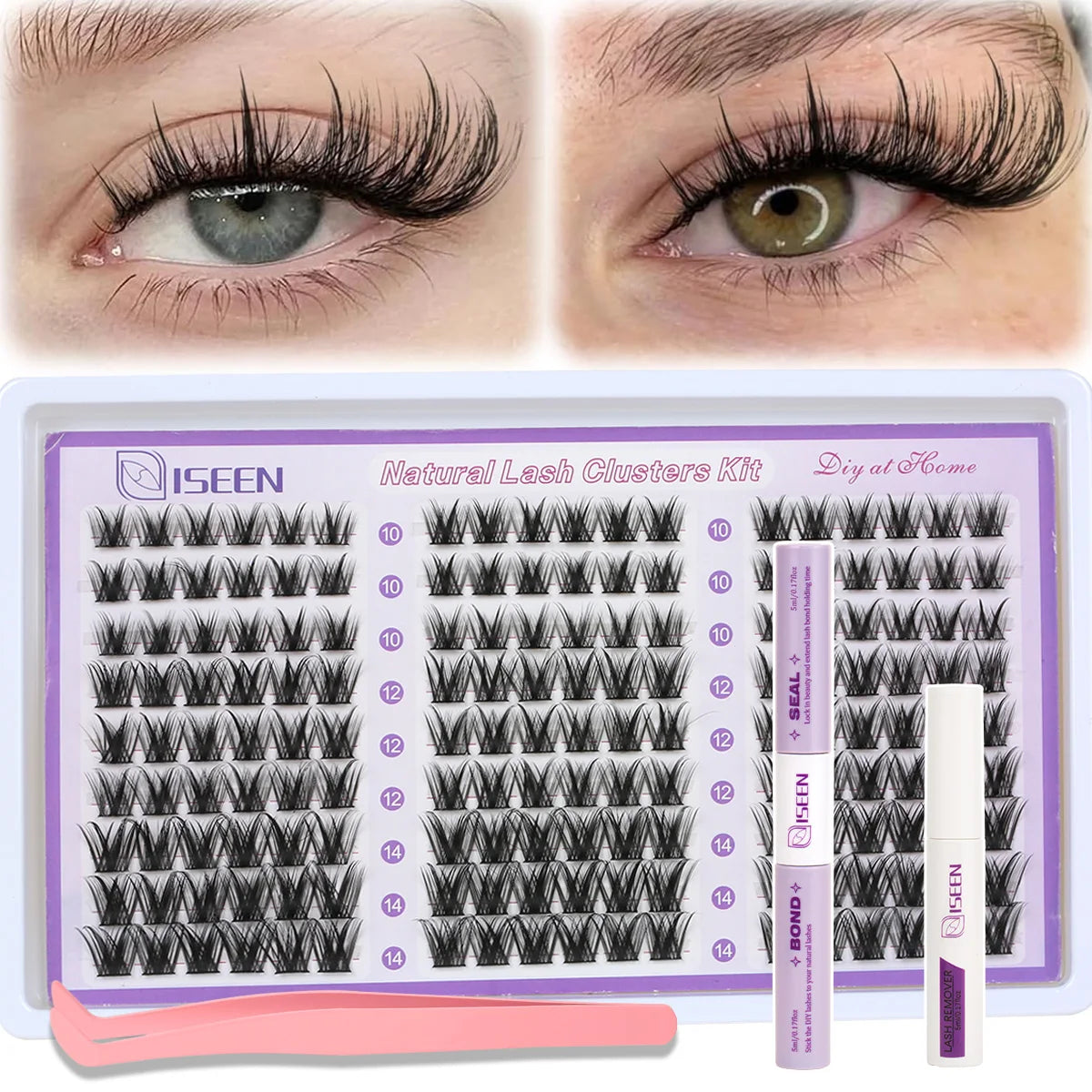 Lashes Clusters Mixed Styles Volume Wispy Individual Lashes Extensions Kit DIY Eyelashes Makeup with Bond&Seal Tweezer