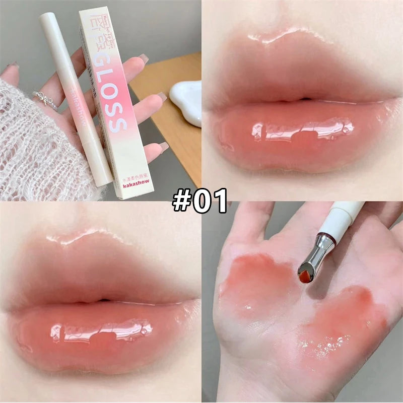 Mirror Watery Lip Gloss Iron Brush Head Transparent Jelly Hydrating Plump Lip Tint Nature Nude Shiny Lips Makeup Cosmetics