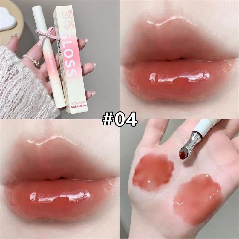 Mirror Watery Lip Gloss Iron Brush Head Transparent Jelly Hydrating Plump Lip Tint Nature Nude Shiny Lips Makeup Cosmetics