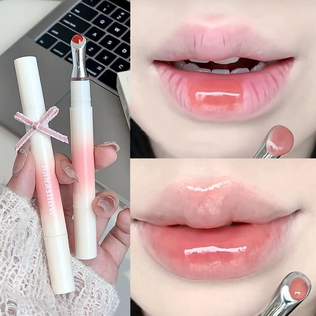 Mirror Watery Lip Gloss Iron Brush Head Transparent Jelly Hydrating Plump Lip Tint Nature Nude Shiny Lips Makeup Cosmetics